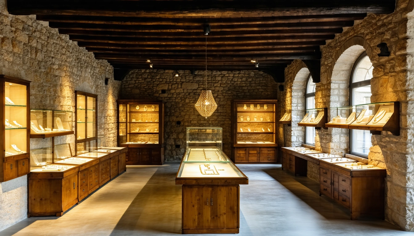 Parisian atelier interior with stone walls and warm light
